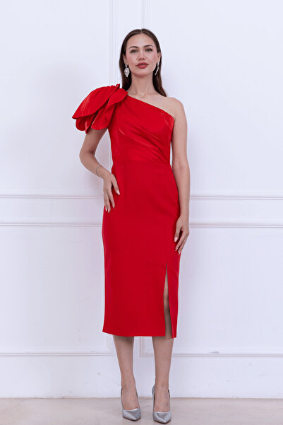 BEYBOS Atlas Kumaş Omuz Organze Detaylı Kalem Elbise - KIRMIZI