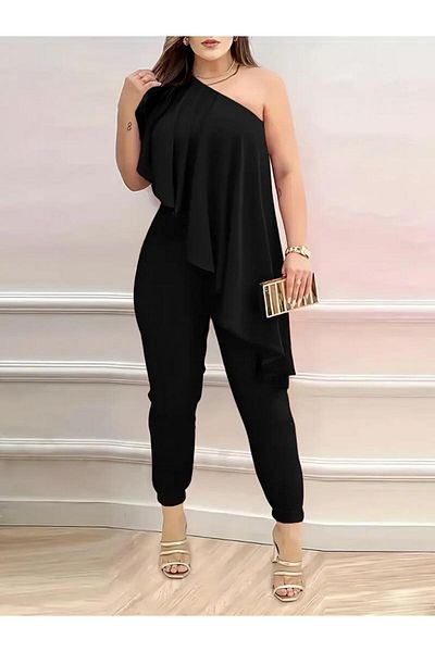 modamtn    Women's Sleeveless One Shoulder Open Front Flounce Detail Sandy Jumpsuit