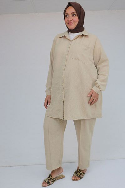 Eslina 57049 Plus Size Men's Collared Trousers Suit - Beige
