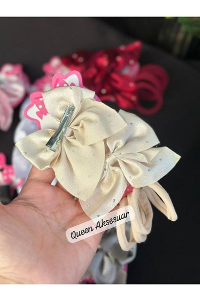 QUEEN AKSESUAR Luxury Stoned Satin Clip 2-Piece Bow Buckle 4-Piece Rubber Towel Buckle Set Cream Beige