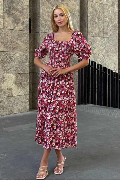 VAGGON Women's Red Floral Print Madonna Collar Smok Stitching Dress Vs00368