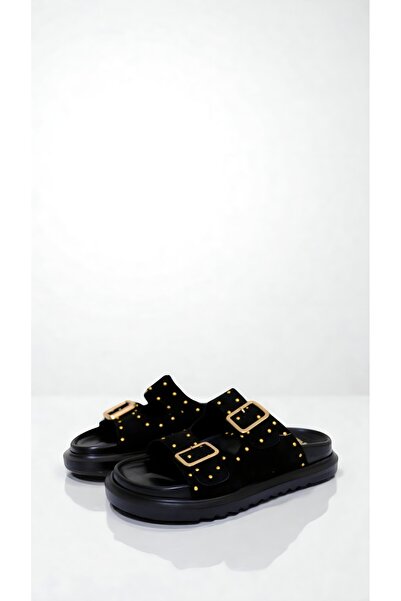 adelix Women's Studded Double Buckle Black Suede Slippers Black