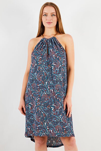 Michael Kors Women Halter Neck Sleeveless Paisley High Low Hem Dress, Navy
