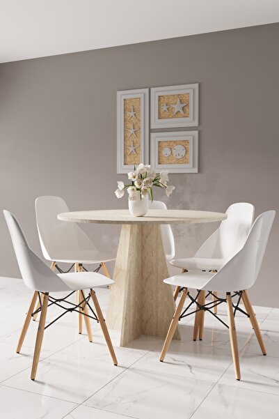 HMC DECOR Modern Yuvarlak 90cm Yemek Masası-Mutfak Masası Traverten (SANDALYELER TEMSİLİDİR)