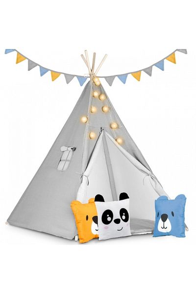 NUKIDO Montessori Tipi Play Tent for Children Grey 120x120x165cm, wooden frame, with 3 cushions