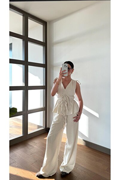 Eliz design Naturel Lastik Detay Bluz Pantolon Takım