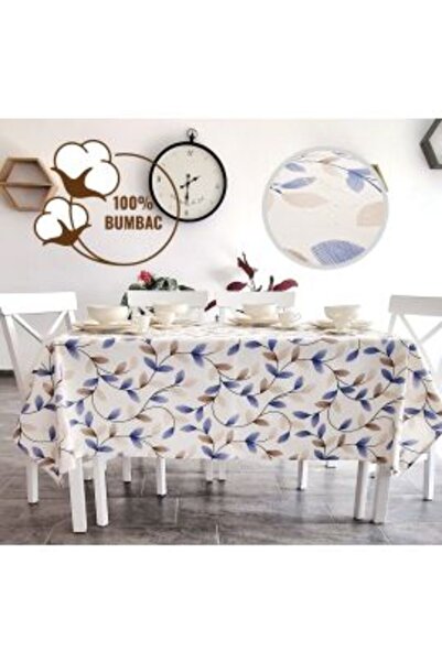 Ralex Anti-stain Tablecloth 100% Cotton 140 x 180 cm, Blue Leaves