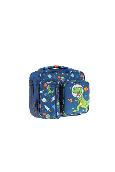 KAUKKO Men's Navy Blue Green Dinosaur Thermo Three Compartment (Water Bottle Pocket) School Lunchbox L7252