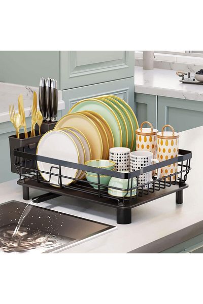 Saharaz Iron Dish Drying Rack with Drainboard Dish Drainers ,with Utensil Holder and Knife Slots, Black