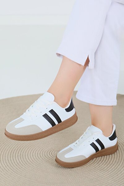 TOFİSA Kadın Beyaz Siyah Süet Detaylı Ayakkabı - 27480