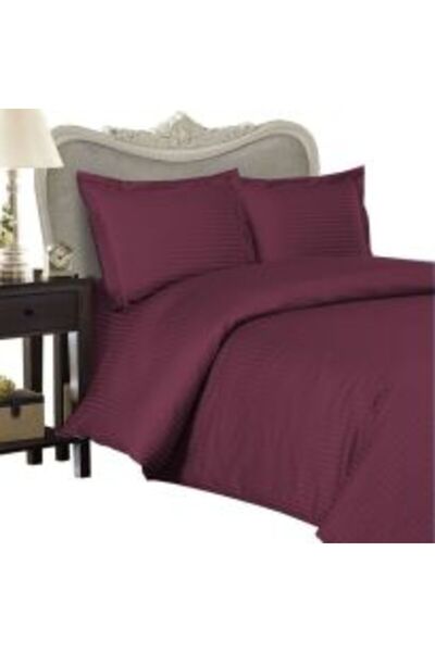 HomePuls Double King Size Bedding Set Damasc Polycotton 1 cm Stripe, 4 Pieces, Red Burgundy