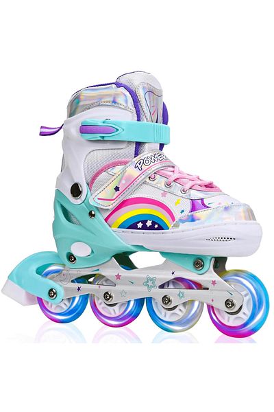 Elindor Adjustable Roller Skates for Kids and Adults, 4 Light-Up Wheels, Rainbow, Size 27-31 S