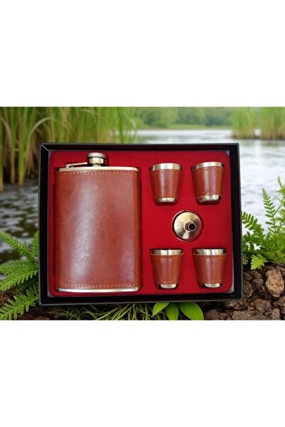 Kuzey Tacı Burgundy Leather Flask Set with 4 Shot Glasses Vip Gift
