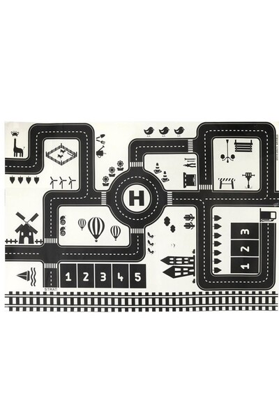 PROCART Children's rug, racing track print, waterproof surface, 83x57 cm, black and white