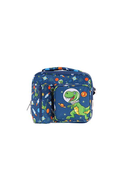 KAUKKO Men's Navy Blue Green Dinosaur Thermo Three Compartment (Water Bottle Pocket) School Lunchbox L7252