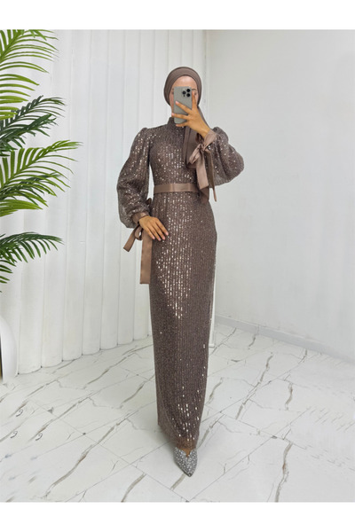 Modamorfo Βραδινό φόρεμα με ριγέ παγιέτες με χάντρες - Ανοιχτό καφέ