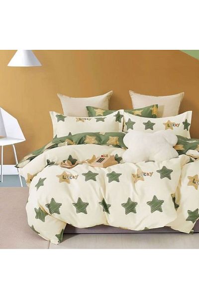 Ralex Double King Size Bedding Set Percalle Printed 100% Cotton 6 Pieces - Yellow/Green Stars, Pucioasa
