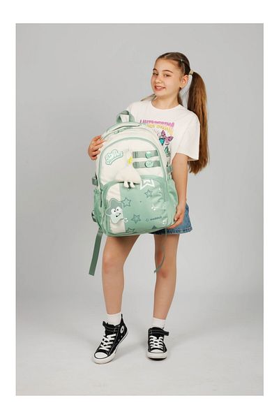 Waddell Water Green Twil Star Patterned Primary School Backpack with Plush Toy Gift 25802