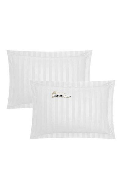 HomePuls Set 2 Pillowcases 50 x 70 cm Damask Cotton 100% Stripe 1 cm with 3.5 cm Border, White