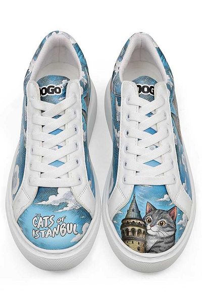 Dogo Women's Vegan Leather White Sneakers - Galata Cat Design