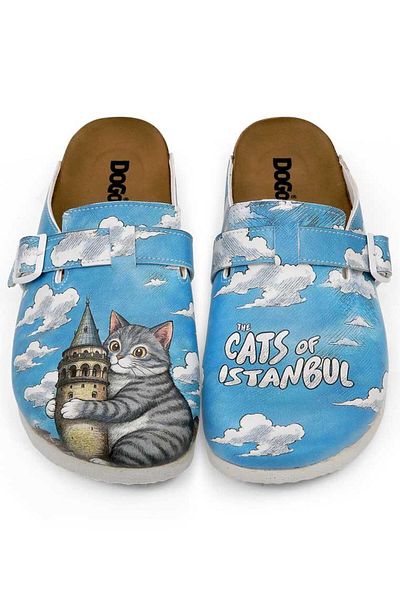 Dogo Women's Vegan Leather Blue Slippers - Galata Cat Design