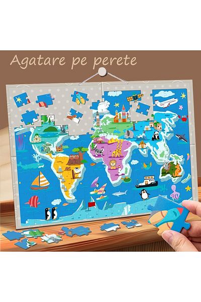 PROCART Magnetic puzzle world map with animals, 168 pieces, board with string for hanging on the wall