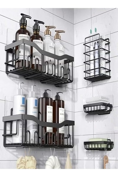 Bicchoo مجموعة من 5 قطع من منظم الحمام، منظم دش مثبت على الحائط مع خطافات