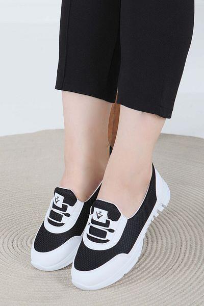 TOFİSA Women's Black White Elastic Mesh Ballerinas - 27475