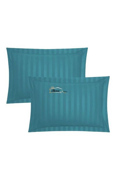 HomePuls Set 2 Pillowcases 50 x 70 cm Damask Cotton 100% Stripe 1 cm with 3.5 cm Border, Turquoise