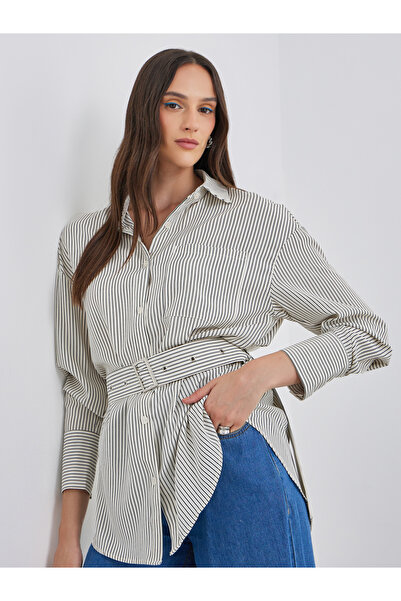 Styli قميص مخطط باللون الكريمي مع حزام