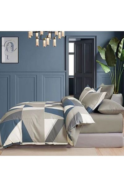 Ralex Double Bed Percalle Printed Bedding, 100% Cotton, 4 Pieces, Gray/Blue, Pucioasa