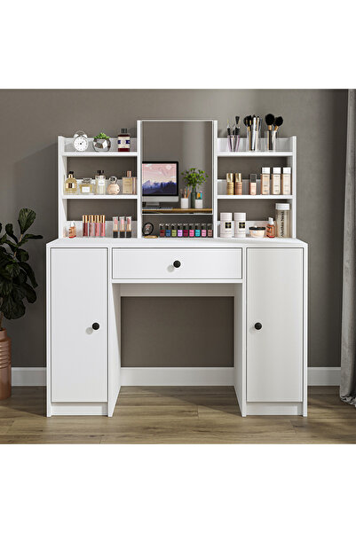 ROOMART Glamo Aynalı Makyaj Masası - Tek Çekmeceli, 2 Dolaplı , Takı Düzenleyici Mat Beyaz