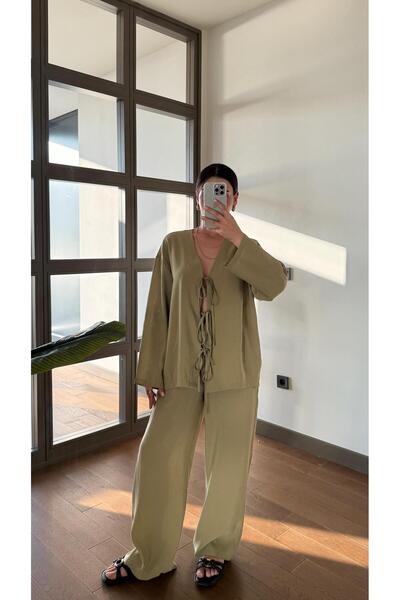 Bağlamalı Bluz Pantolon Yeşil Takım
