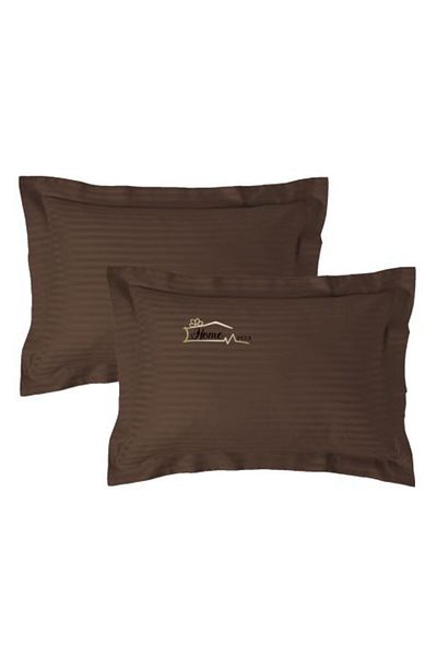 HomePuls Set 2 Pillowcases Damask Polycotton Stripe 1 cm, 50 x 70 cm with 3.5 cm Border Hem, Brown