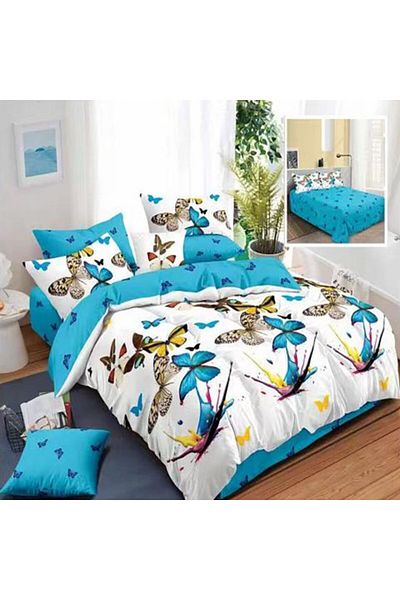 Ralex Lenjerie de pat dublu bumbac Finet 6 piese 220 x 240 cm, Fluturasi, Albastru, Pucioasa M 219