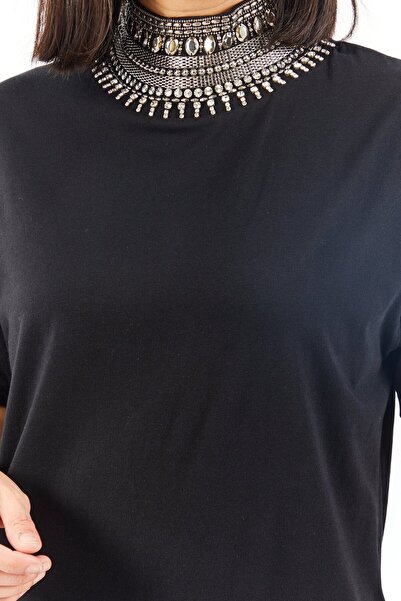 Kooples x Sport Women High Neck Short Sleeve Embellished Top, Black