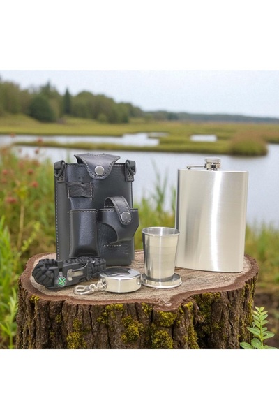 Kuzey Tacı Silver Color Flask with Leather Case and Shot Glass Vip