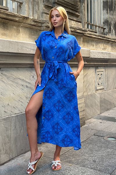 VAGGON Women's Saks Patterned Belted Button Camapal Shirt Collar Midi Dress Vs00369