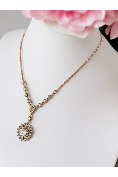 FAYRA ACCESSORIES Zirkon Taşlı Çiçek Figür Su Yolu Zincirli İnci Kolye