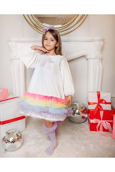 fustite cu luminite Rochița cu Luminițe Albă Curcubeu - 10-12 ani (140-152 cm)