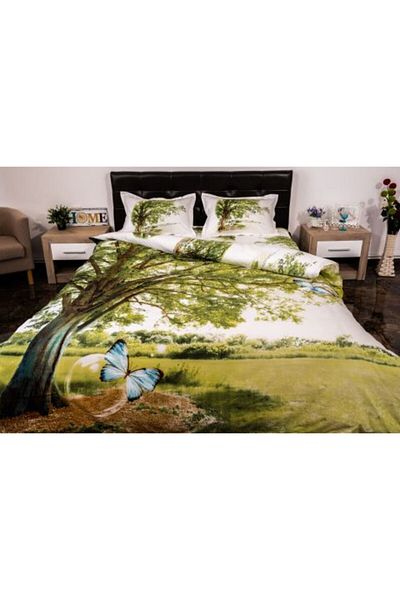 Ralex Double Bed Linen 4 Pieces 220 x 230 cm Digital Print 3D, White/Green Tree Landscape Pucioasa