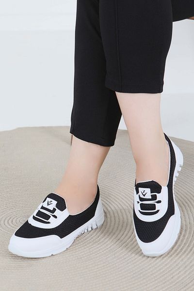 TOFİSA Women's Black White Elastic Mesh Ballerinas - 27475