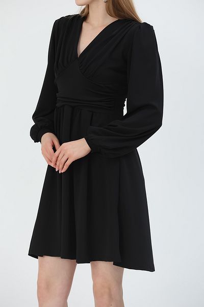 barış sülün lovebox Black V-Neck Long Sleeve Mini Evening Dress with Drape Detail 84645