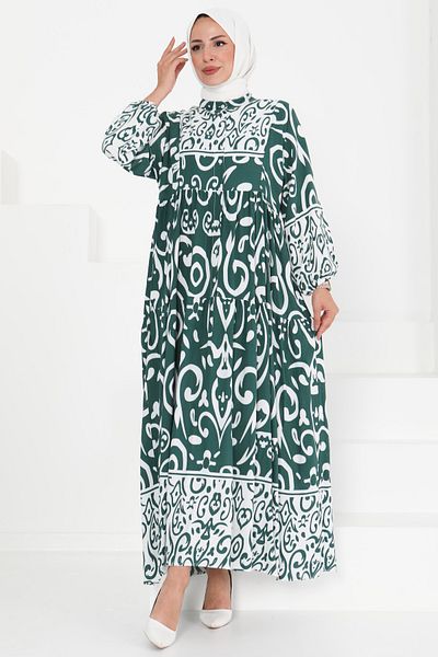 TOFİSA Patterned Buttoned Dress Emerald - 27428