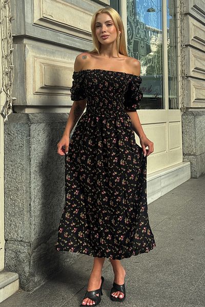 VAGGON Women's Black Floral Print Madonna Collar Smok Stitching Dress Vs00368