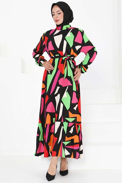 TOFİSA Belted Patterned Dress Pink - 27395