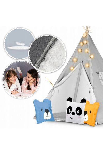 NUKIDO Montessori Tipi Play Tent for Children Grey 120x120x165cm, wooden frame, with 3 cushions