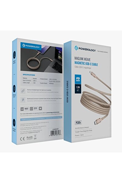 Powerology 60W USB-C to USB-C Magnetic V2.0 Metal Plug Nylon Braided Cable 1.2 Meter