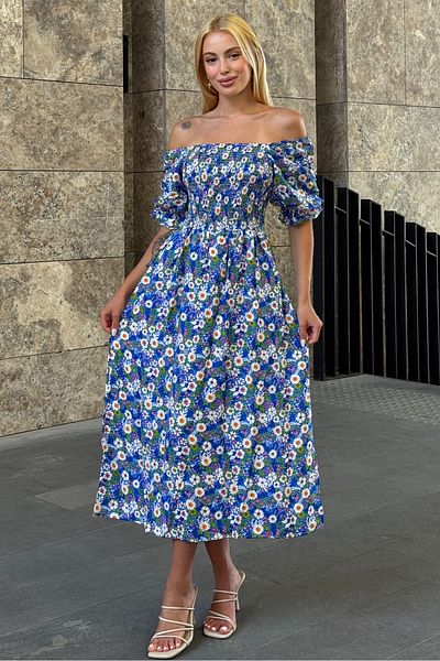 VAGGON Rochie de damă ALBASTRĂ cu imprimeu floral Madonna cu guler cu cusături de fum VS00368