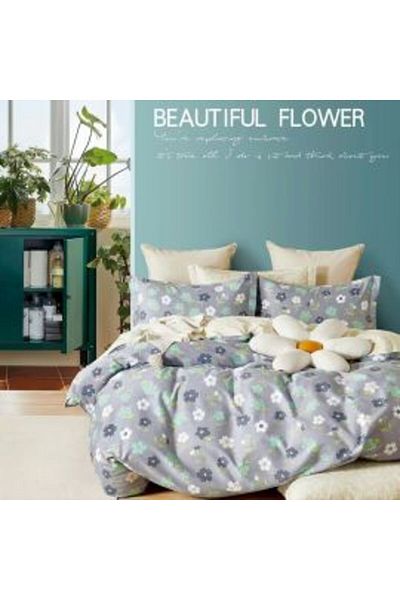 Ralex Double King Size Bedding Percall Printed 100% Cotton 6 Pcs Set Beige / Grey Flowers